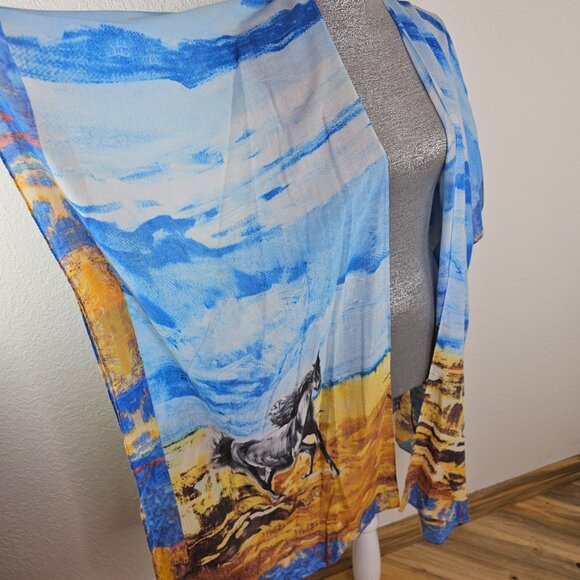 JC Sunny Sky & Mustang Horses Kimono Wrap Duster Swimsuit Cover Up - Picture 7 of 10